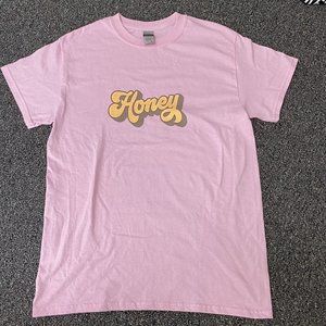 Pink Honey Graphic T Shirt Small NEW 100% Cotton Yellow Spell Out Short Sleeve